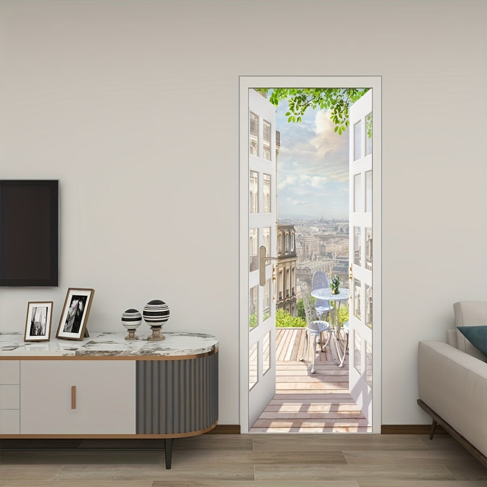 Door Sticker Balcony Scenery Wall Mural – Removable Waterproof Peel & Stick Large Wall Art for Bedroom & Living Room, Faux Window View Home Decor, 35.43 x 78.74 Inches - product image 2