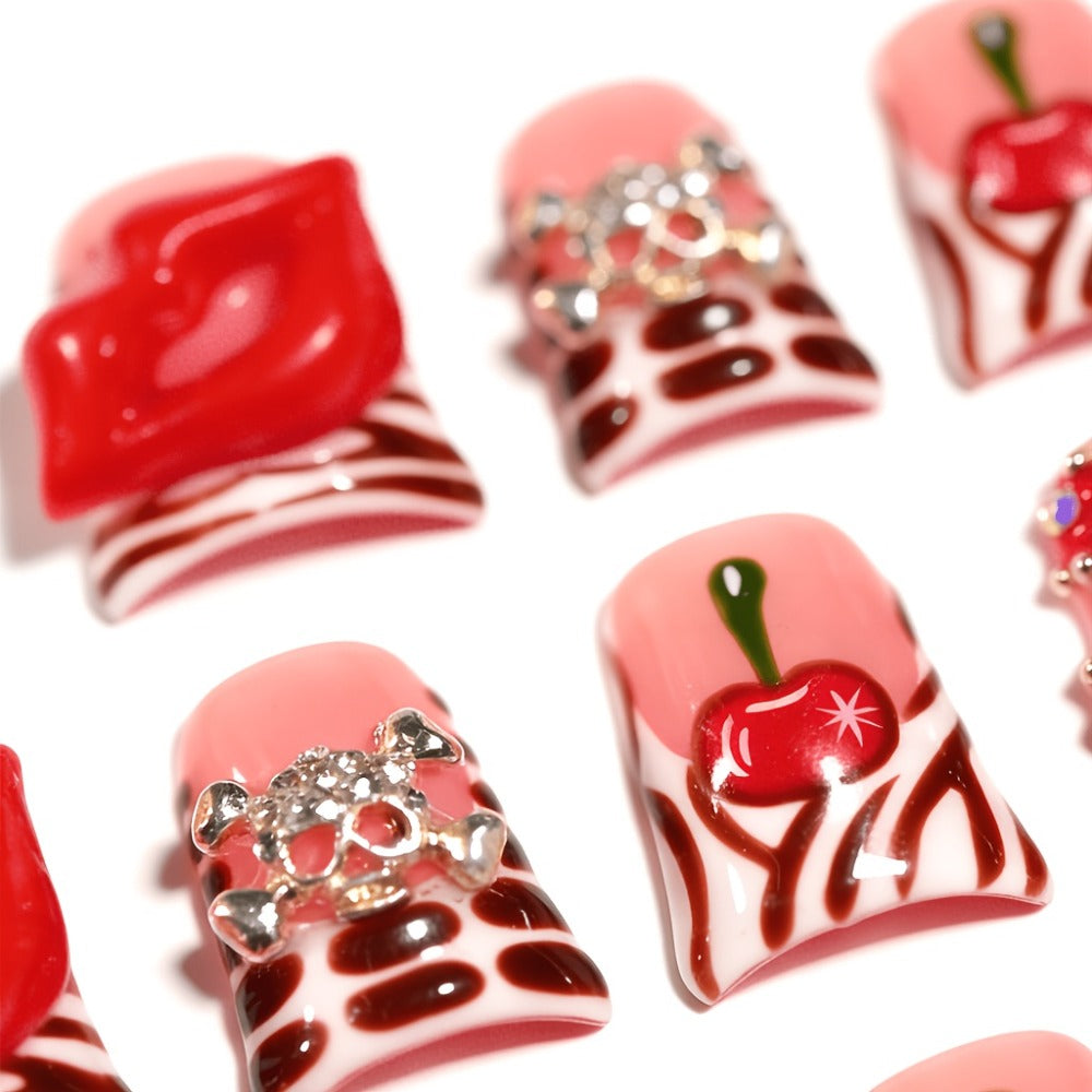 Short Duckbill Press On Nails 3D Red Lips Skull Cherry Bow Rhinestone – Zebra Stripe Polka Dot Sweet Cool Acrylic Nail Art Set for Party, Date Night & Daily Wear, 10pcs S/M/L with  - product image 9