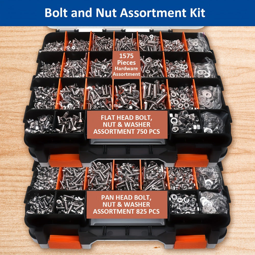 1575pcs 304 Stainless Steel Nuts and Bolts Assortment Kit – Pan Head Flat Head Screws Nuts Washers with Double-Sided Storage Box for Home & Mechanical Repairs - product image 9