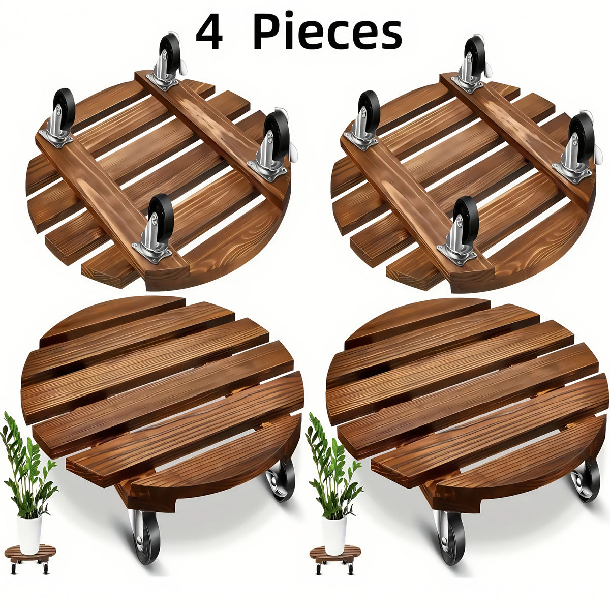 4 pcs Acacia Wood Rolling Round Plant Caddy for Plant Pots, Heavy Duty Plant Stand with 360° Lockable Wheels, 360Lbs Capacity Caddy for Indoor and Outdoor Use - product image 3