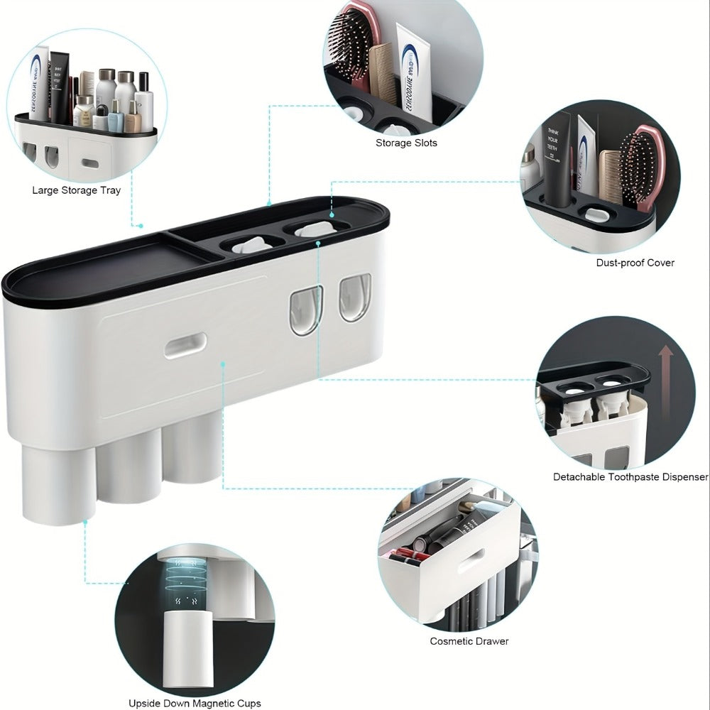 Wall Mounted Toothbrush Holder with Automatic Toothpaste Dispenser - 3 Cups Bathroom Organizer, Space-Saving Toothbrush Cup Holder for Family, Black & Gray - product image 13