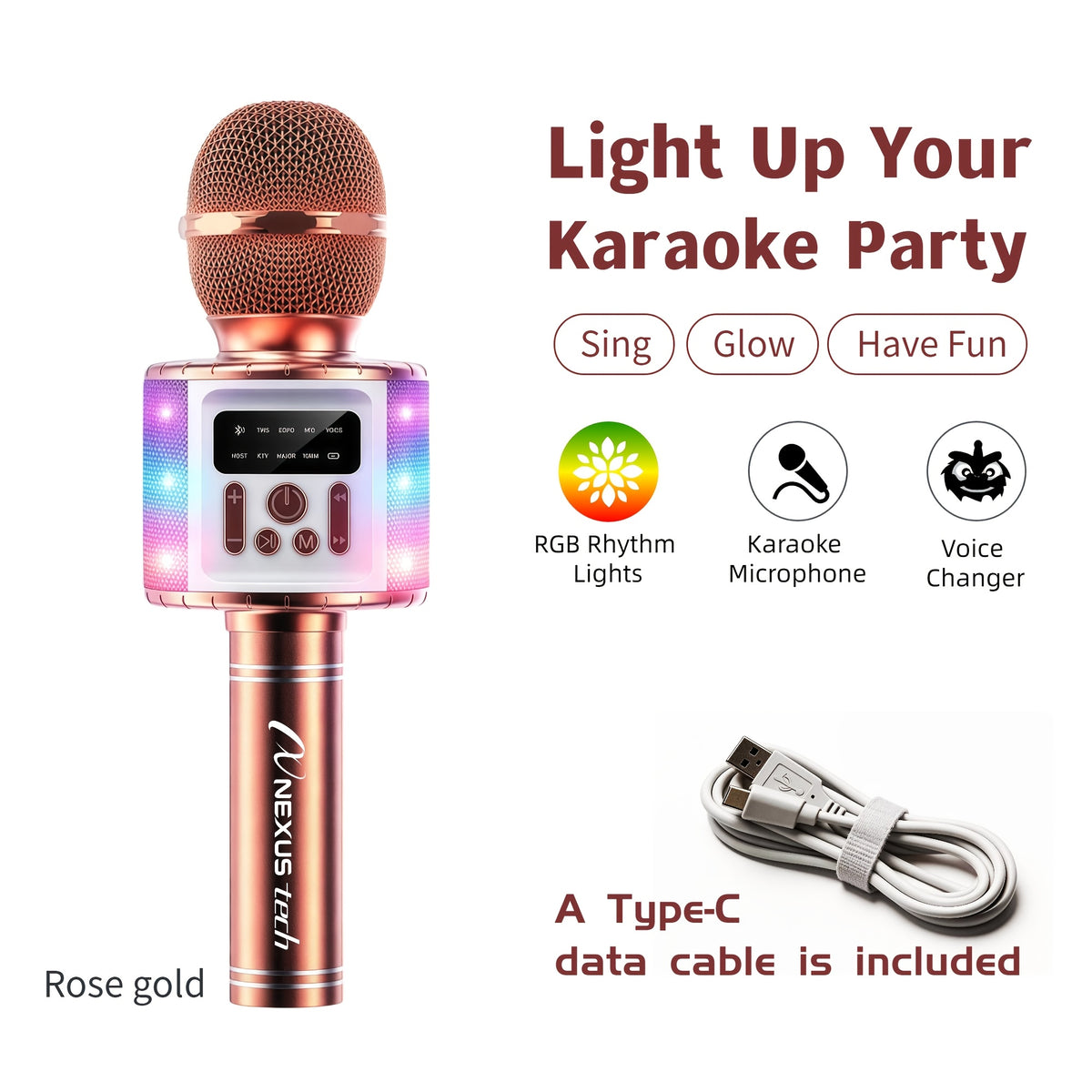Wireless Karaoke Microphone Speaker with LED Lights and Fun Voice Changer - Portable Singing Mic, Perfect for Holiday Parties, Christmas Family Gatherings, New Year Celebrations