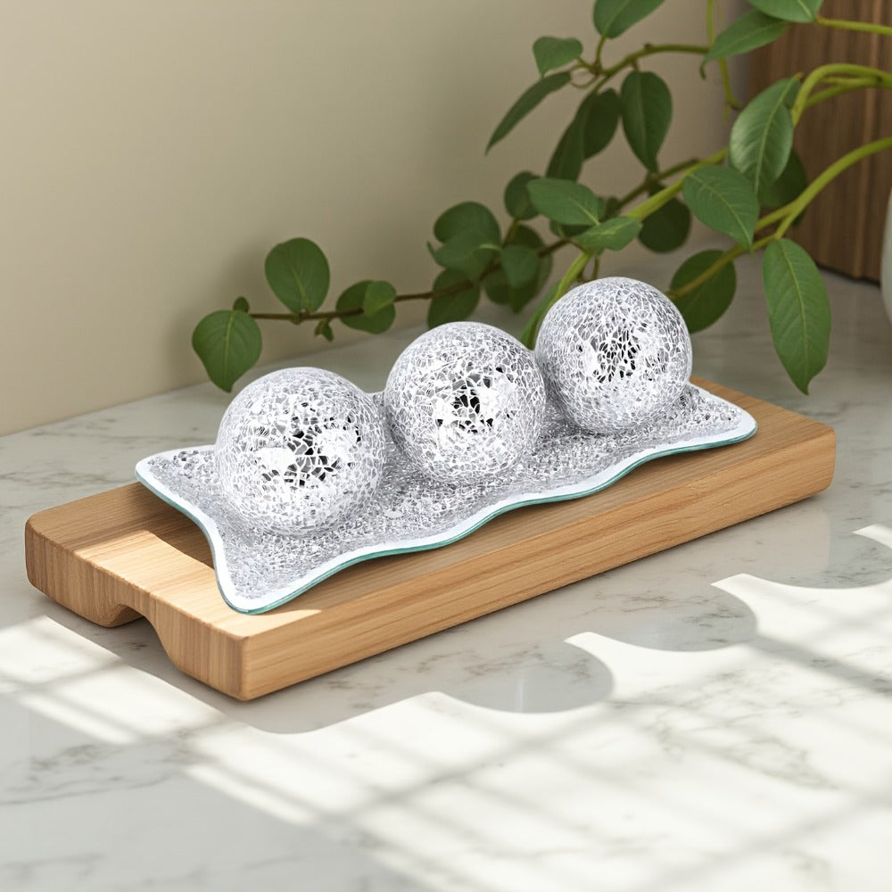Decorative Glass Balls for Bowls 3 Inch Set of 3 with Glass Tray, Bowl Fillers Centerpiece Table Decorations for Home Decor Living Room Dining Coffee Table, Silver Black Gold Green - product image