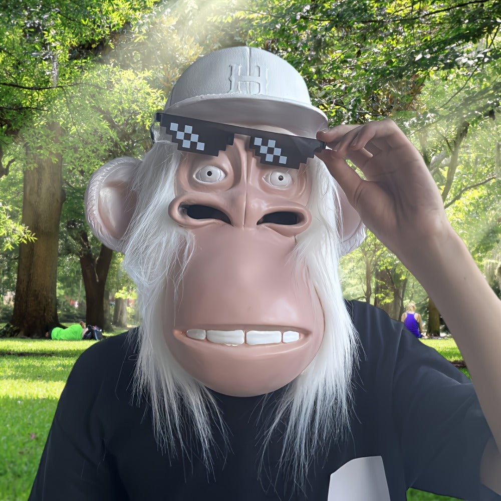 Funny Cartoon Animal Costume for Adults Halloween Parties Cosplay Role Play Prank Gift White Gorilla Chimpanzee | Gorilla Monkey Plush Full Head Mask with White Hair Glasses Hat
