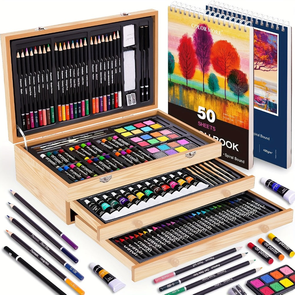 Drawing Pads Crayons Acrylic Paints Colored Pencils Complete Professional Art Kit Gift for Kids Teens Adults Birthday Christmas – 175-Piece Deluxe Art Set in Wooden Case