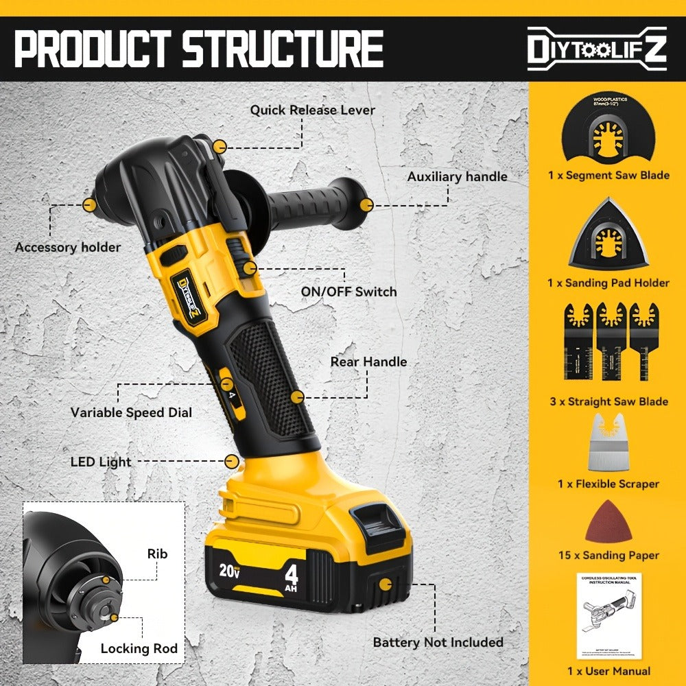 Oscillating Multi Tool Brushless Cordless Compatible with DeWalt 20V / 18V Battery – 21000 OPM Variable Speed, 4.5° Oscillating Angle, Anti-Vibration, Wood Cutting Blades & Sanding - product image 12