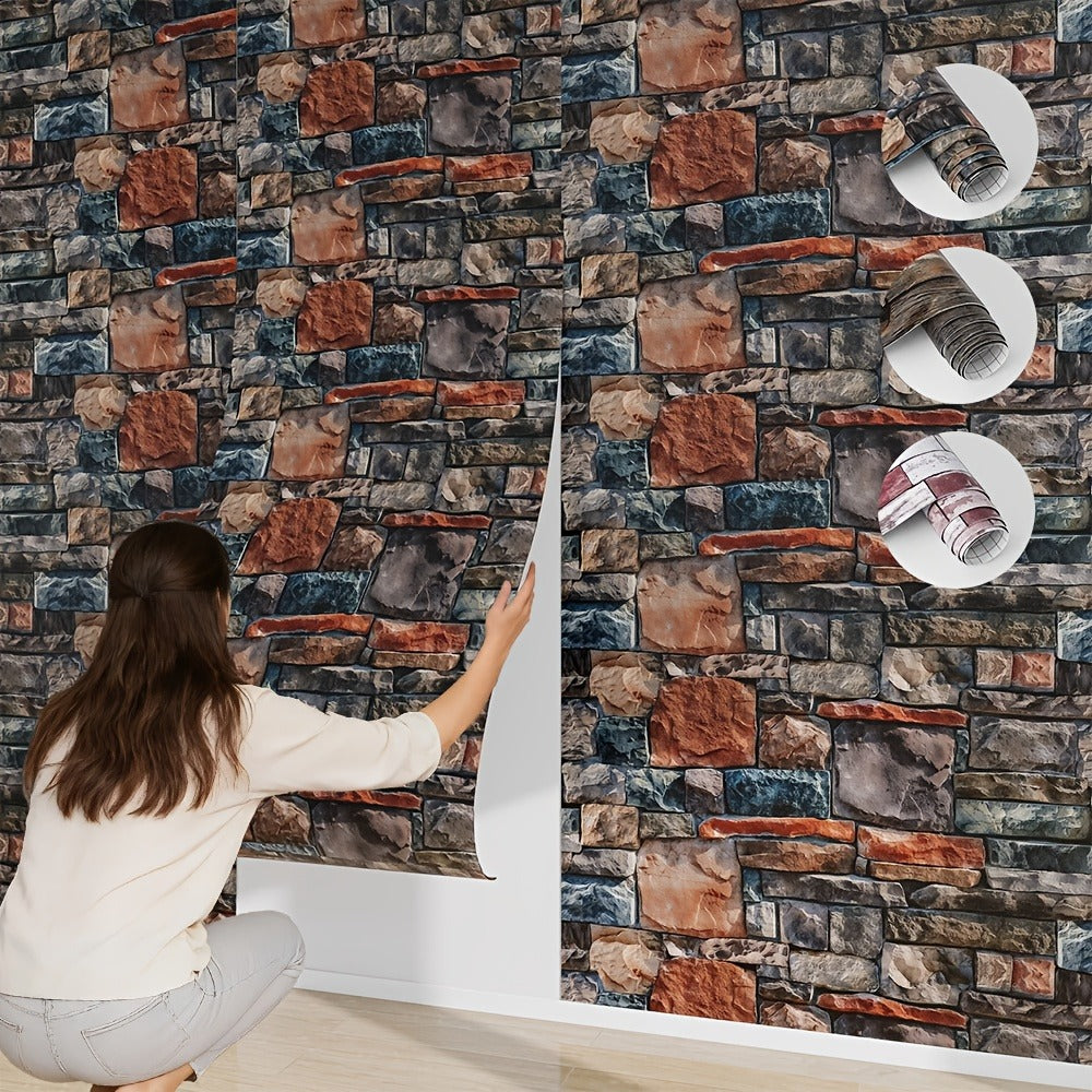 3D Brick Foam Wallpaper Self Adhesive Peel and Stick Wall Panels Waterproof PVC Rustic Brick Pattern Home Bathroom Kitchen Wall Decor Blue Brown Red 17.5in Wide - product image