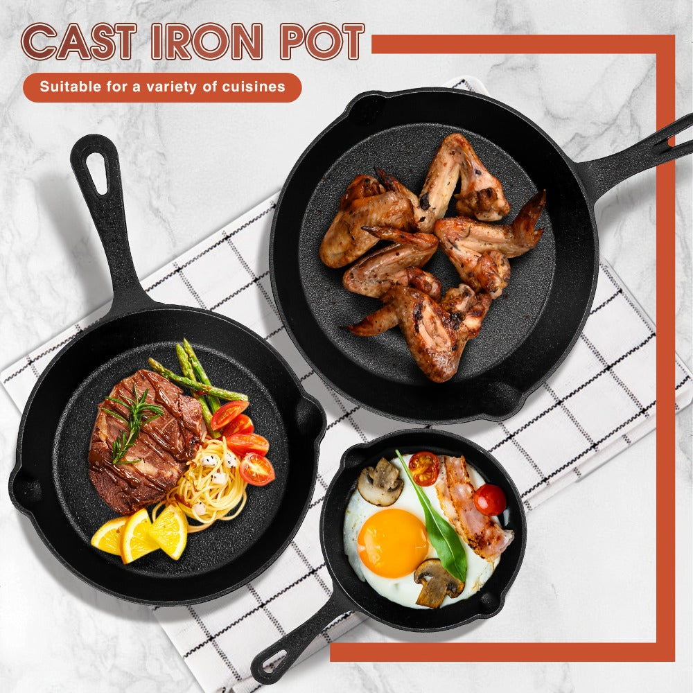 Cast Iron Skillet Set 3pcs - Non-Stick with Drip Spout, Pre-Seasoned Cookware for Holiday Cooking RV Campfire Outdoor Grilling, Heavy Duty Kitchen Frying Pan Set - product image 2