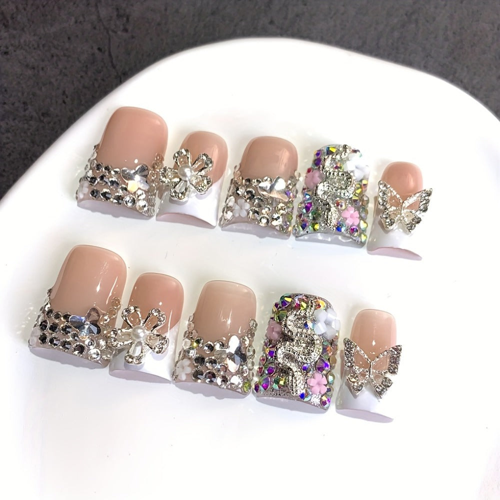 Ugly Cute Duckbill Press On Nails White French Style – Colorful AB Iridescent Floral Full Cover Handmade Acrylic Fake Nails for Daily Use, Parties & Birthday Gifts, 10pcs S/M/L - product image 4