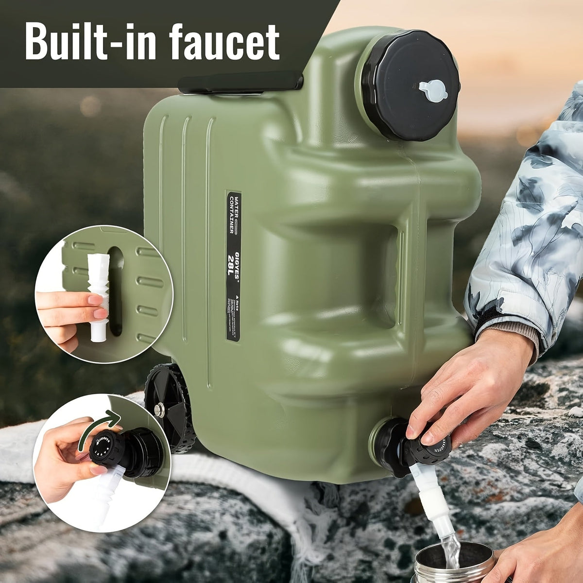 Portable Water Tank with Wheels 7.4 Gallon | Large Capacity Long-lasting PE Square Water Container Jug for Camping, Hiking, Picnics & Outdoor Use | Khaki - product image