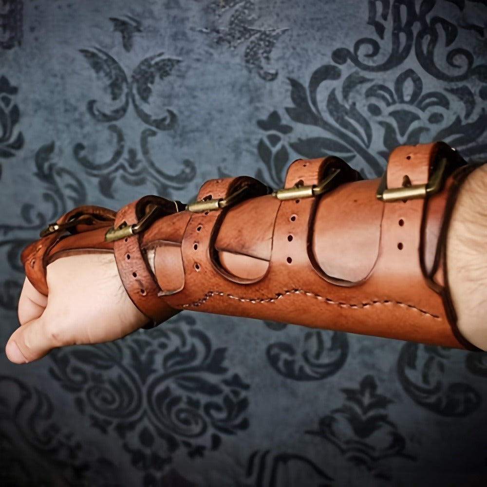 Fantasy Knight Archer Gauntlets for Cosplay Renaissance Faire Halloween Costume Adjustable Brown – LARP Arm Guards Medieval Embossed Faux Leather Elf Bracers