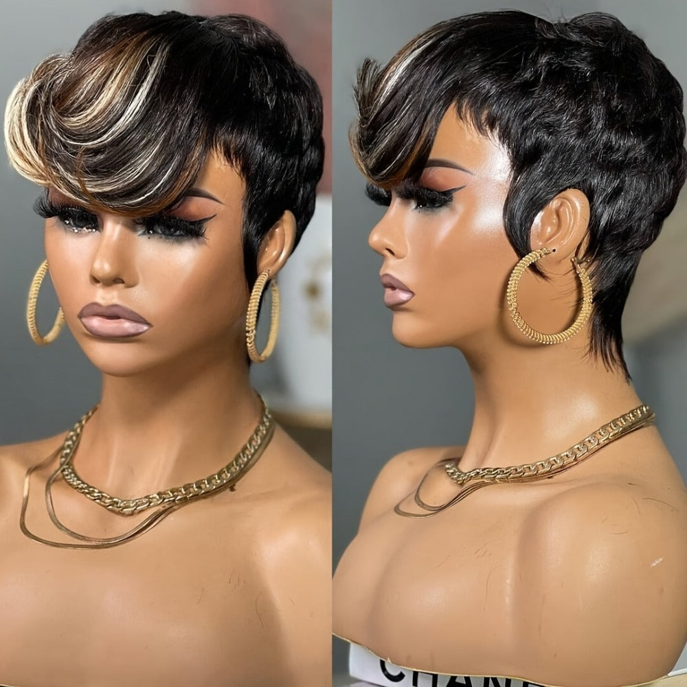 Short Pixie Cut Wig with Bangs Black Blonde Layered 4 Inch Rose Net Cap | Brown Blonde Mix Synthetic Wig for Black Women Daily Wear Office Party - product image 9