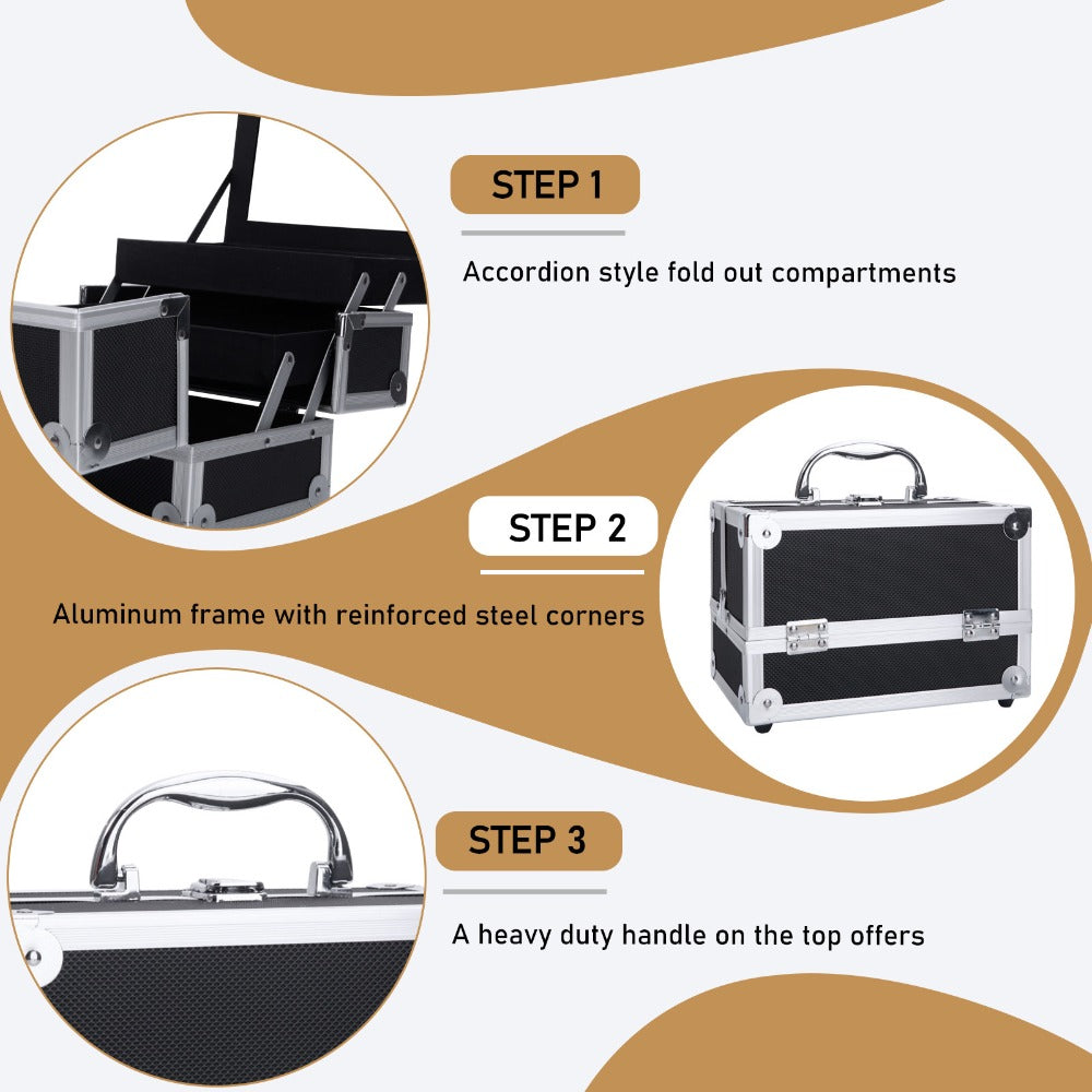 Aluminum Makeup Train Case with Wheels Large Capacity Lockable Cosmetic Trolley Organizer Adjustable Dividers Retractable Handle for Makeup Artists Salon Travel Black Silver Pink B - product image 9