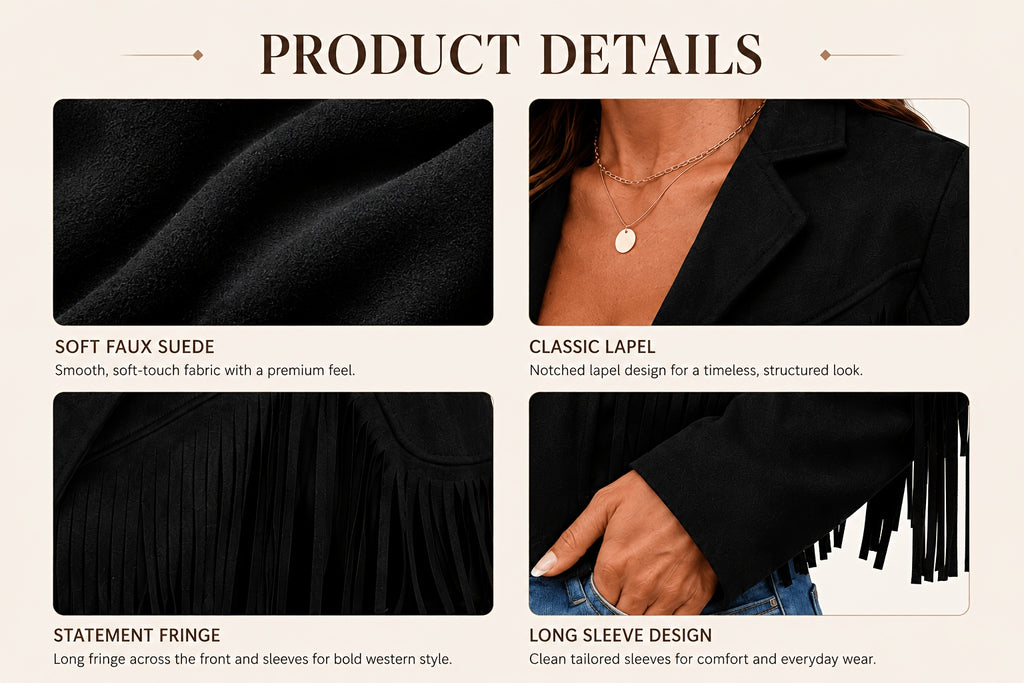 Women's Faux Fringe Jacket, Motorcycle Short Outerwear, 2026 Western Style Fashion Autumn/Winter Long Sleeve Denim Cardigan Jacket, Deer Velvet Faux Fringe - product image 12