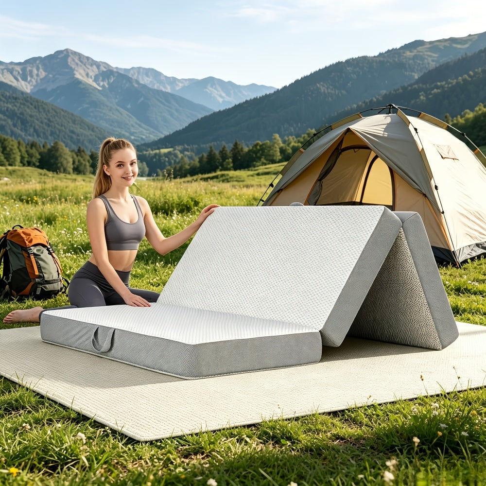Folding Memory Foam Mattress Tri-Fold Carry-along Floor Bed with Washable Cover – Twin, Single, Full, Queen Size Available – 3/4/6 Inch Thick Foldable Sleeping Pad for Camping, Travel, Guest, Yoga