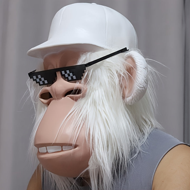Funny Cartoon Animal Costume for Adults Halloween Parties Cosplay Role Play Prank Gift White Gorilla Chimpanzee | Gorilla Monkey Plush Full Head Mask with White Hair Glasses Hat