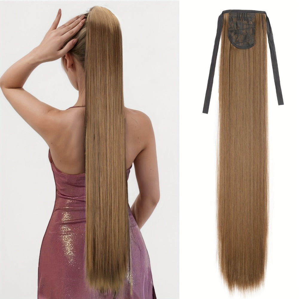 34 Inch Straight Ponytail Extension Ribbon Wrap – Long Sleek High Temperature Fiber Hairpiece for Women | Instant Wrap On Ponytail | Daily Wear Party Wedding | Brown Linen Champagn - product image 6