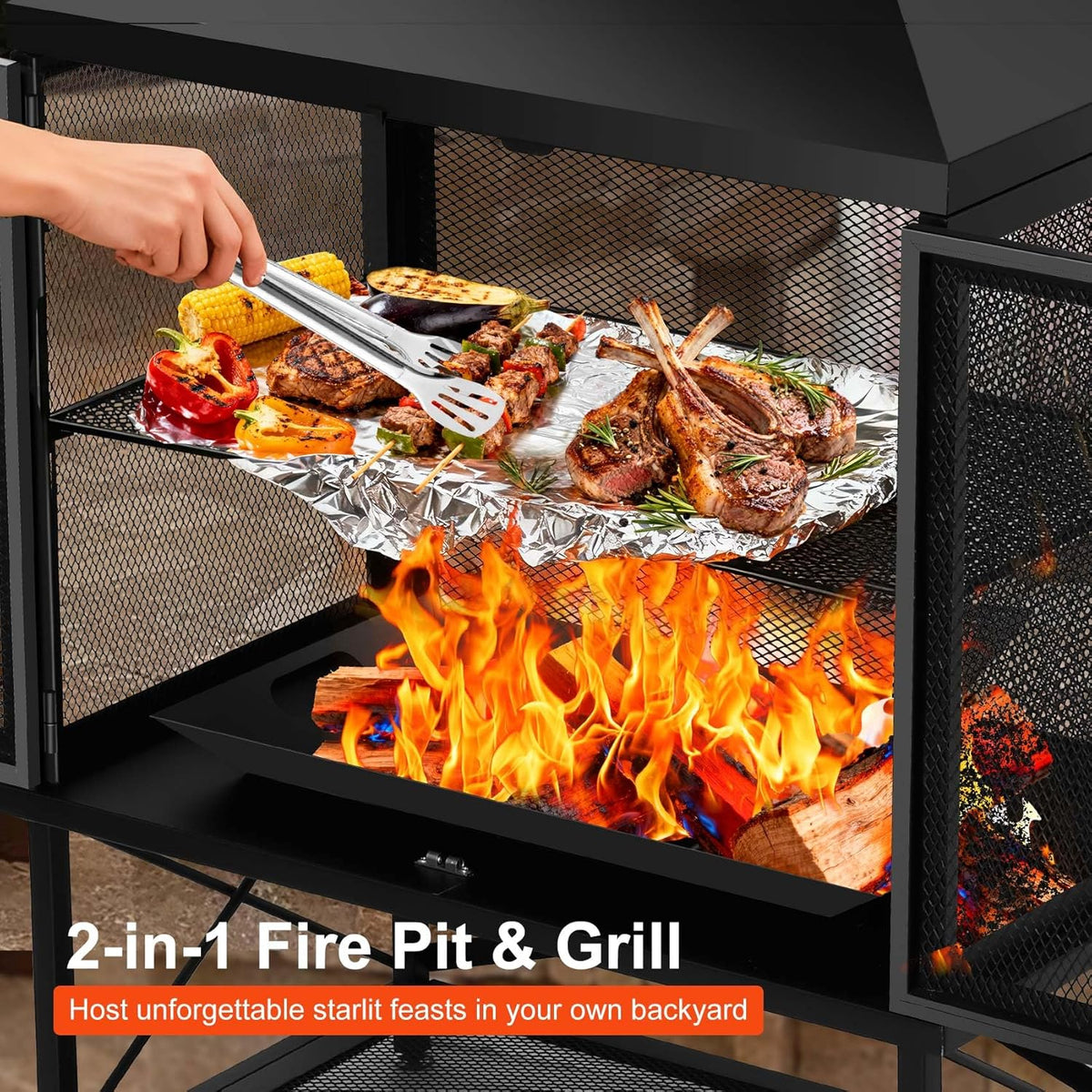 Outdoor Fireplace 39 Inch Rectangular Wood Burning Fire Pit with Grill, Spark Screen & Poker, Large Metal Patio Fireplace with Wood Storage for Garden Deck Backyard, Black - product image 2