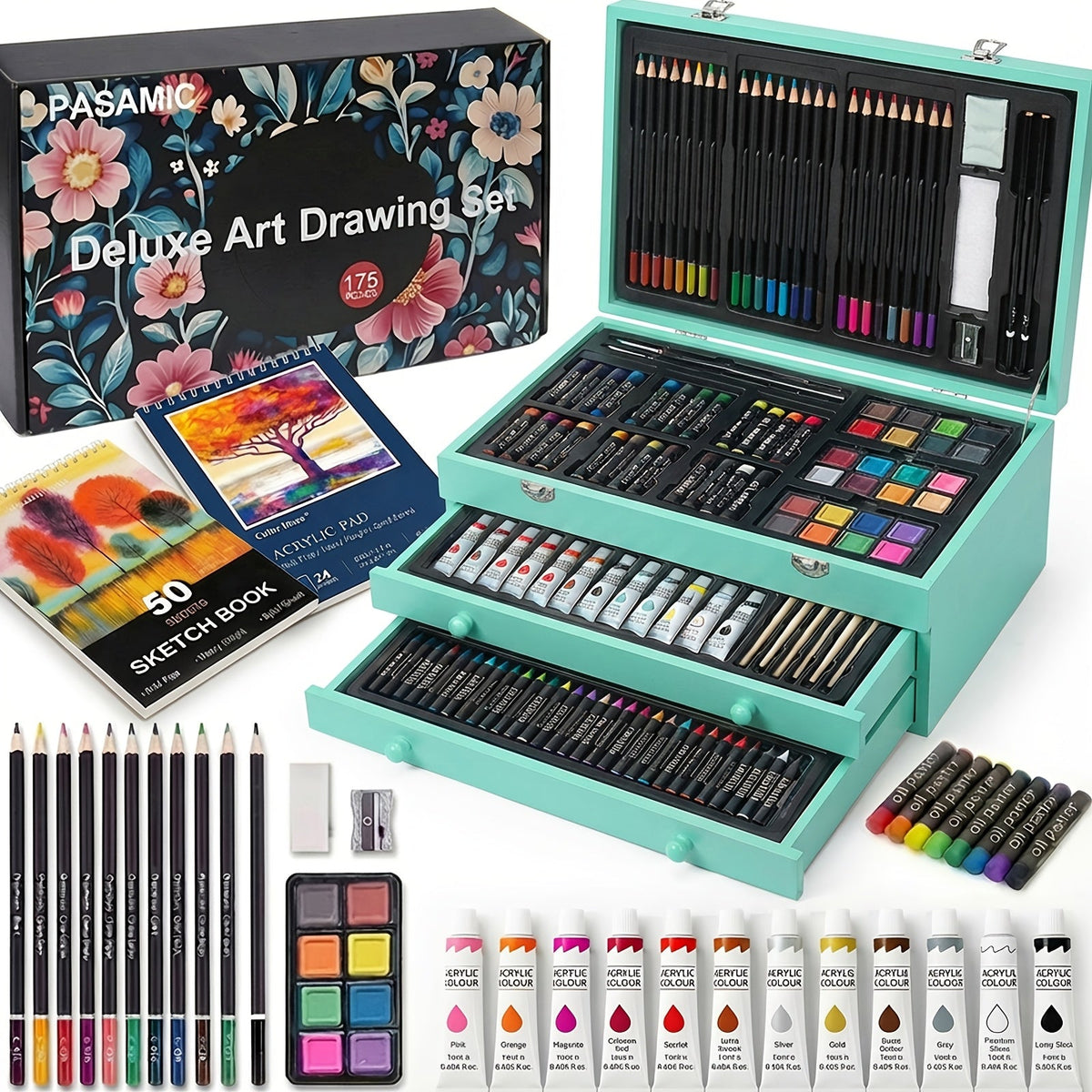 172 Piece Deluxe Art Set in Wooden Case with 2 Drawing Pads Crayons Acrylic Paints Colored Pencils Professional Art Kit Gift Box for Artists Beginners Ages 8+ Birthday Christmas for Festive Home Decor