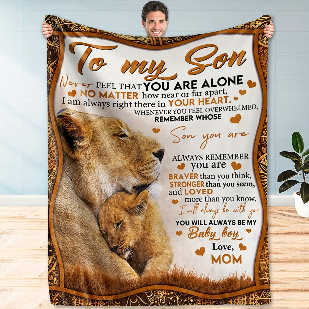 Flannel Throw Blanket with Lion Design & Inspirational Quote - Soft Cozy Knit Polyester, Heartfelt Gift for Son from Mom, Warm Home Decor Blanket - product image