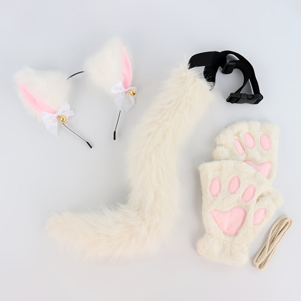 Bell Ear Headband, Plush Paw Gloves & Adjustable Tail for Halloween, Cosplay, Role Play & Stage Performances, Cute Gift for Women Girls, Grey White Brown Pink - product image 12