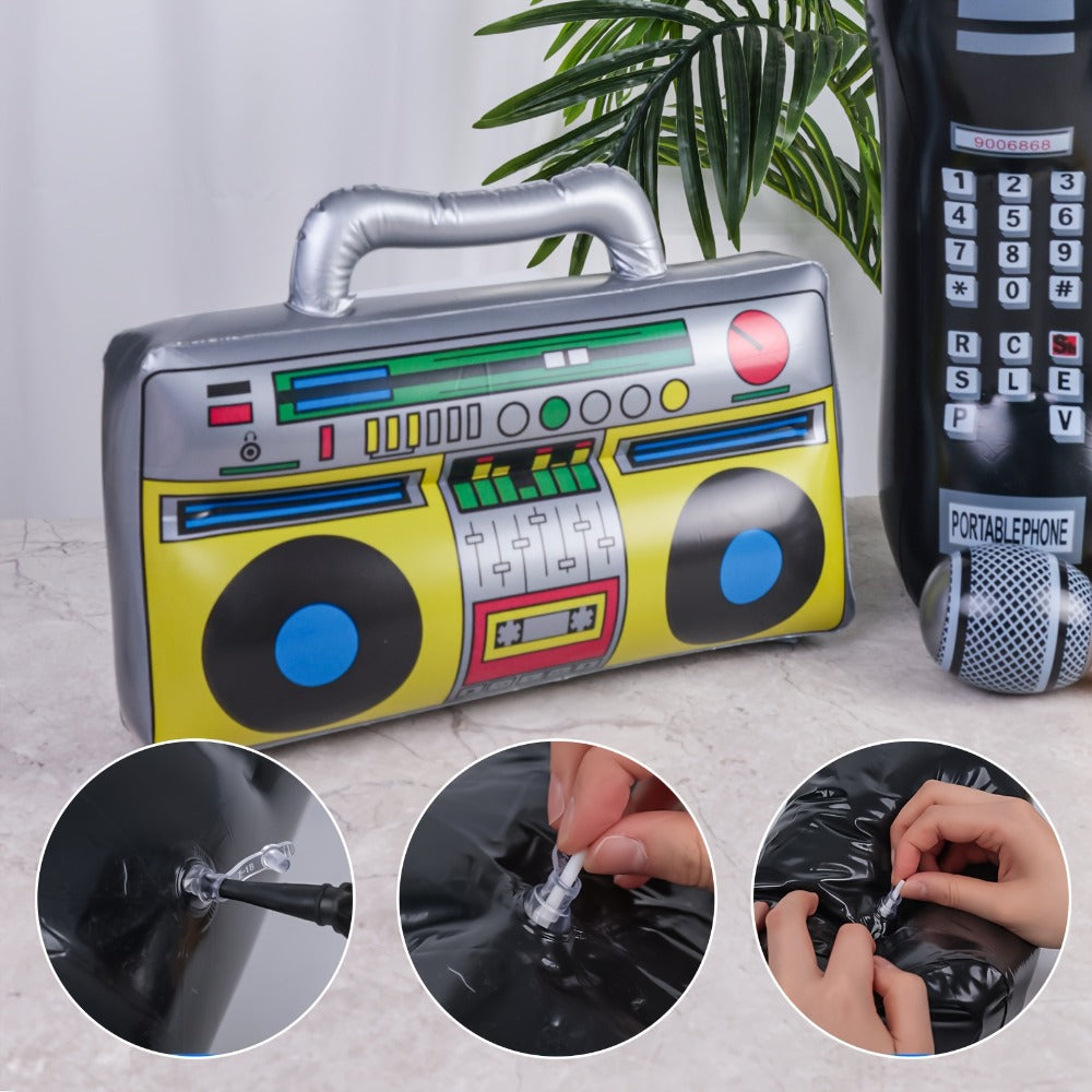 80s Hip Hop Theme Birthday Decorations for Graduation, Back to School, School Dance, DJ & Music Themed Party Supplies – Inflatable Party Props 3 Pcs Blow Up Boombox Microphone & Retro Phone