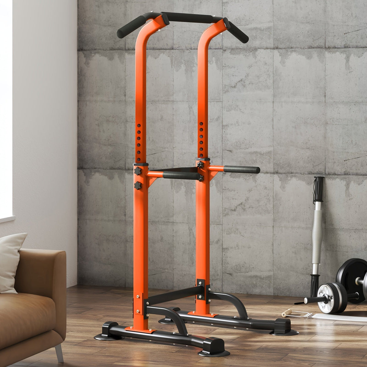 Power Tower Dip Station & Pull-Up Bar | Adjustable Height 65 | 83", 330 LB Capacity, H-Base Steel Frame for Pull-Ups, Chin-Ups, Dips & Knee Raises | Home Gym Strength Training Equipment