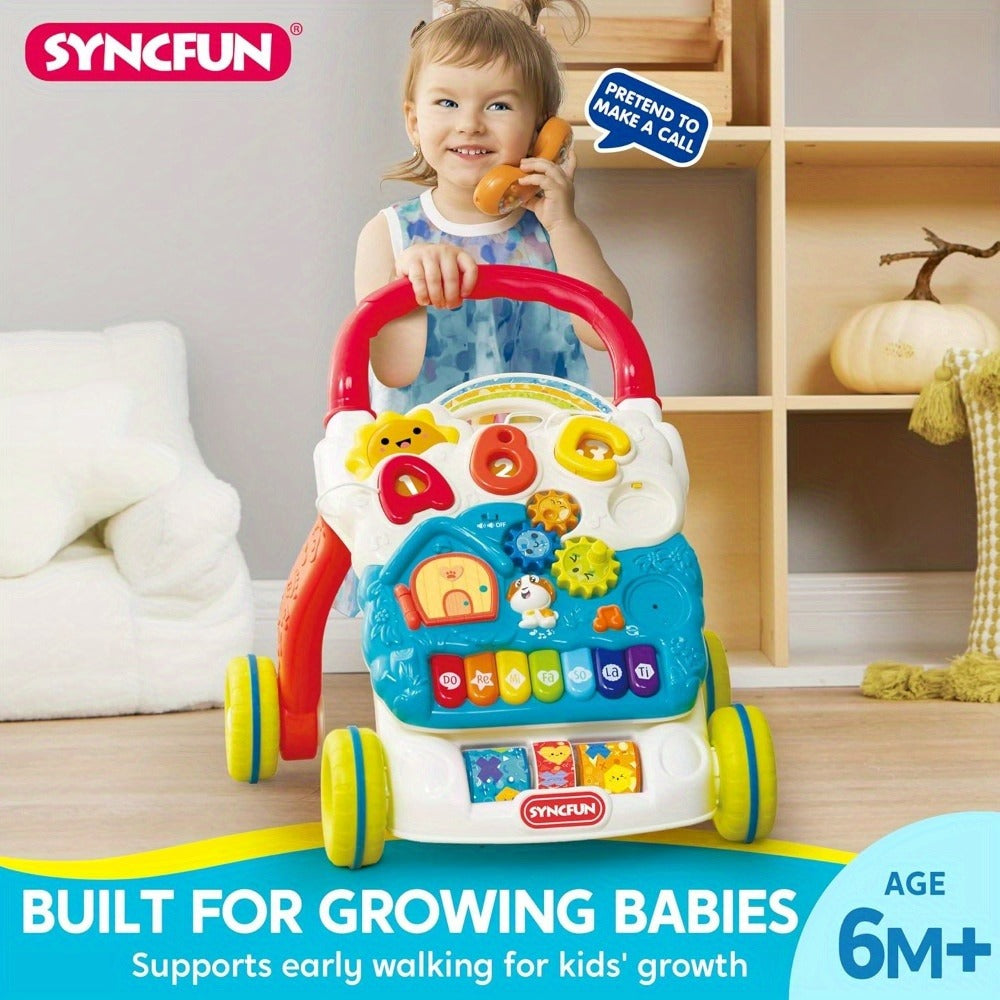 Sit to Stand Baby Push Walker 2-in-1 Adjustable Speed Learning Walker Detachable Play Panel 7-Mode Piano Light-Up Buttons Sound Effects – Baby Shower Birthday Gift – Infant Walking Toy for Boys Girls