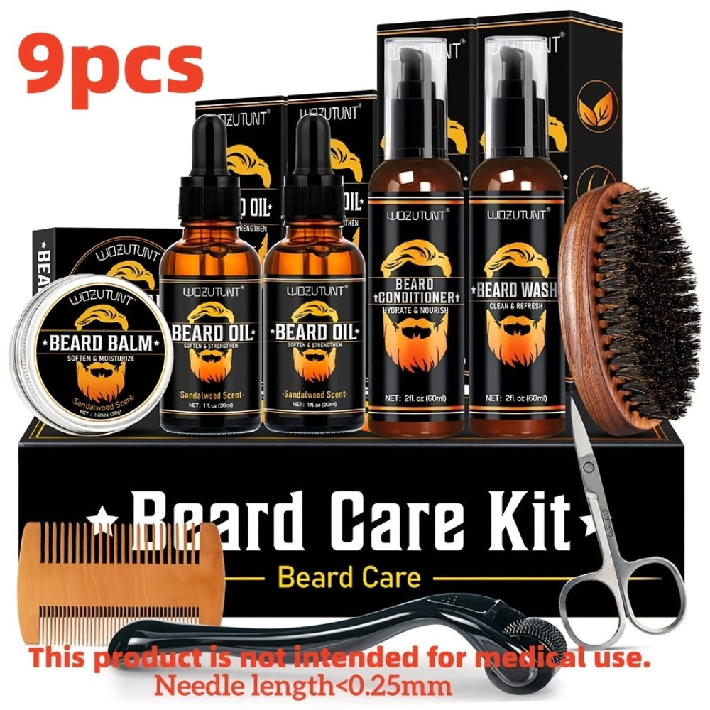 Beard Oil & Balm Grooming Kit for Men — 9-Piece Complete Beard Care Set with Conditioner Wash Brush Comb Clippers Travel Pouch, Beard Pen Option, Birthday Father's Day Gift - product image