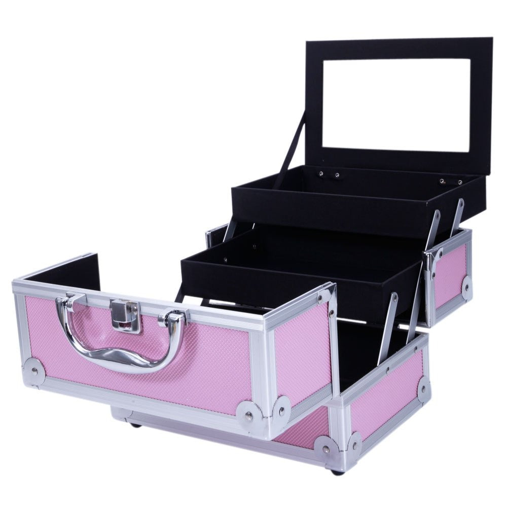 Aluminum Makeup Train Case with Wheels Large Capacity Lockable Cosmetic Trolley Organizer Adjustable Dividers Retractable Handle for Makeup Artists Salon Travel Black Silver Pink B - product image 34