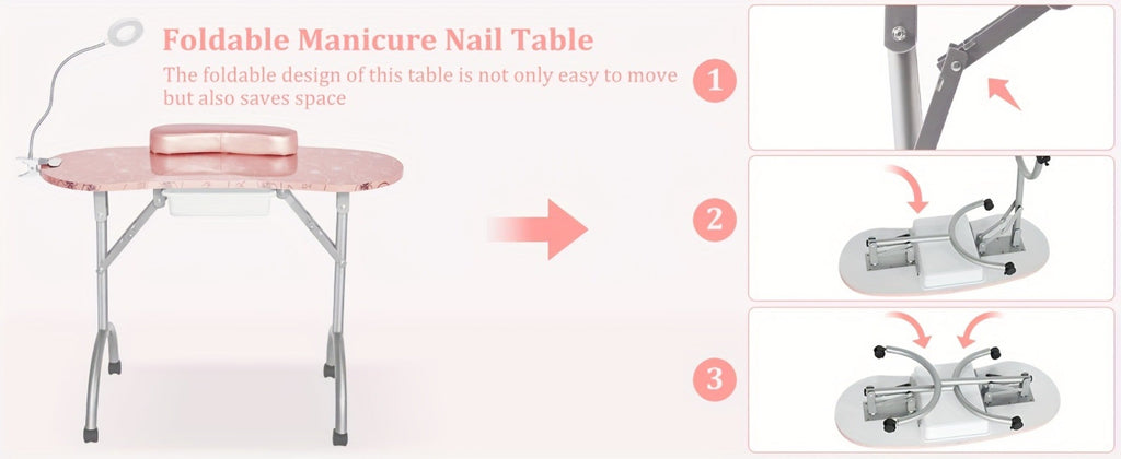 Foldable Nail Table with LED Lamp Drawer Lockable Wheels Wrist Cushion & Carrying Bag – Portable Manicure Station for Nail Salon Technician Home Studio White - product image 12