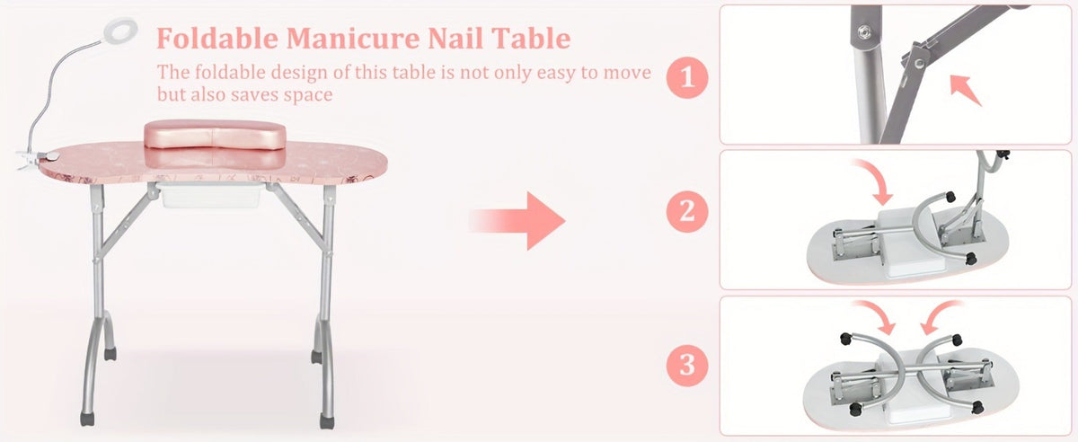Foldable Nail Table with LED Lamp Drawer Lockable Wheels Wrist Cushion & Carrying Bag – Portable Manicure Station for Nail Salon Technician Home Studio White - product image 12