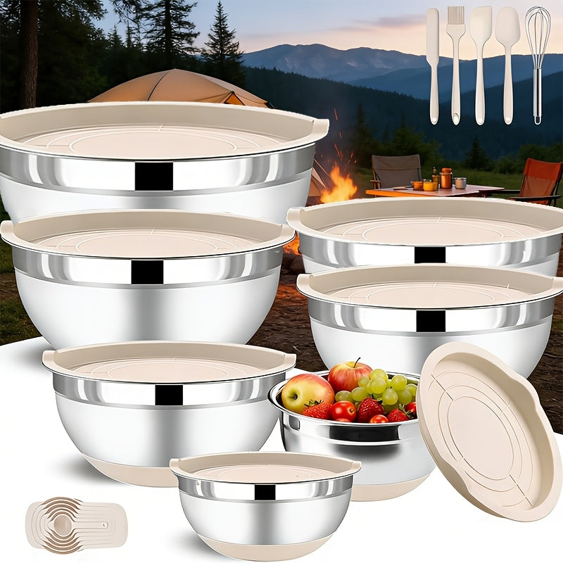 Stainless Steel Mixing Bowls Set with Airtight Lids 7 Piece | Dishwasher Safe Kitchen Bowls for Cooking Baking Camping Travel | Stackable Nesting Bowls with Measuring Spoons Whisk Spatula Tongs Basting Brush