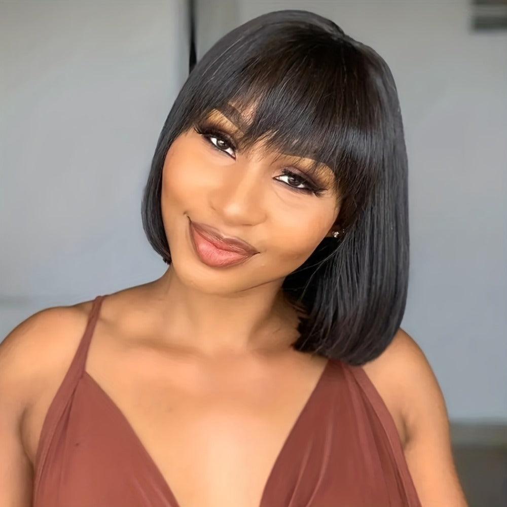 Brazilian Human Hair Bob Wig No Glue 200% Density Full Machine Made Straight with Bangs for Women | Natural Black 8 10 12 16 Inch | Glueless Beginner Friendly - product image 4