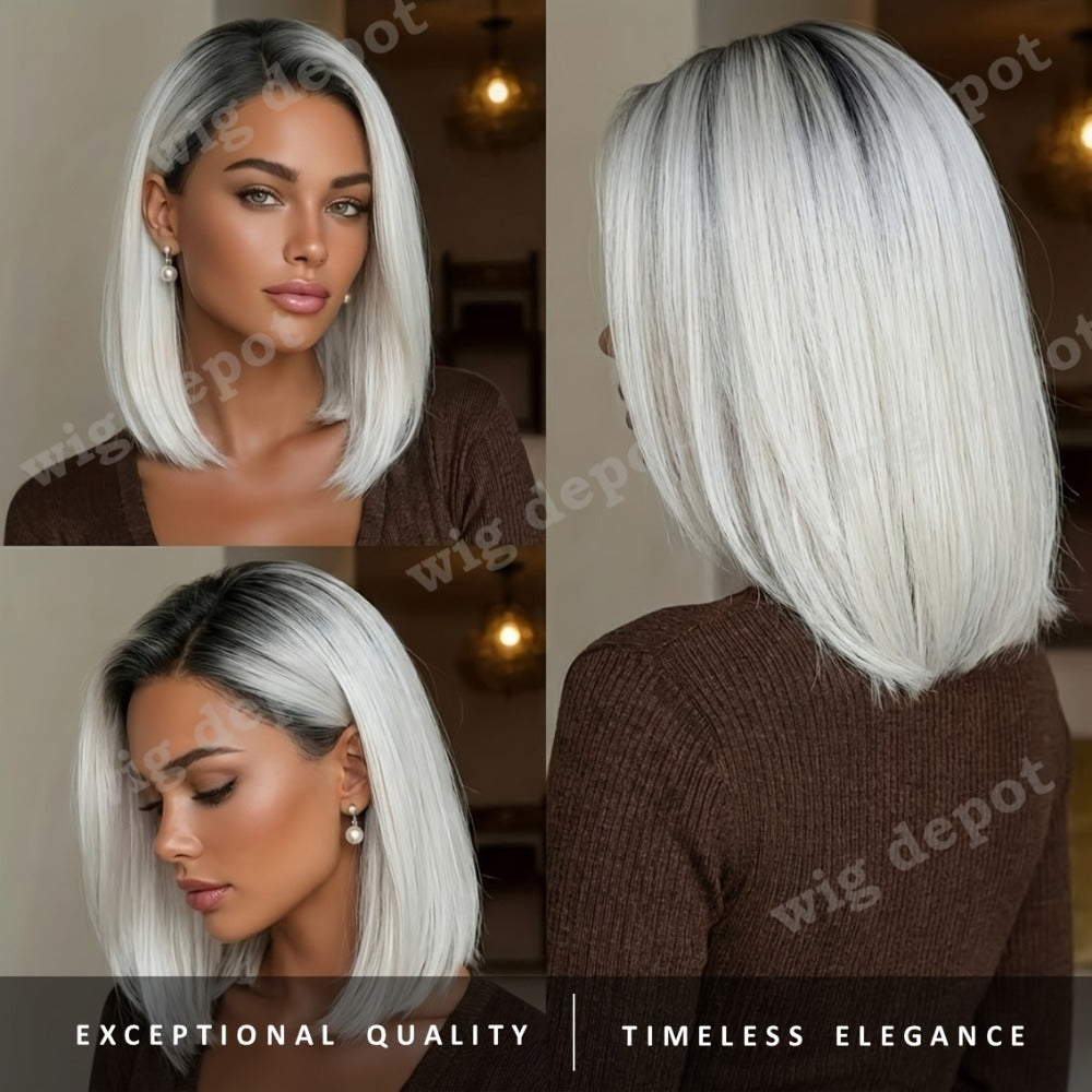 U Part Lace Front Bob Wig 4x1 Glueless Rose Net Cap Middle Part Natural Hairline Synthetic Wig for Women 14 Inch Brown Highlights Milky White Black Pink - product image 17