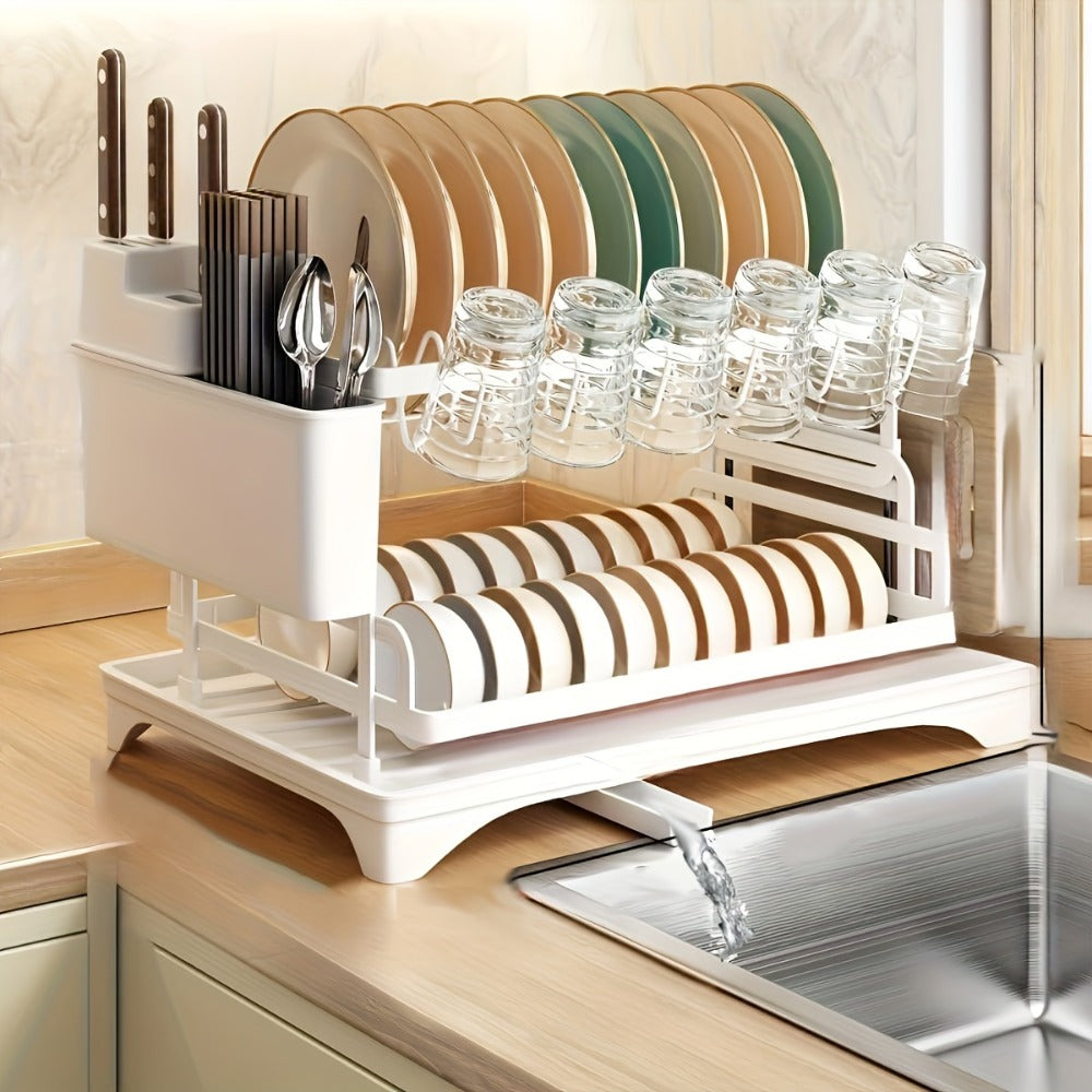 2-Tier Metal Dish Drying Rack with Drainboard – Kitchen Counter Dish Drainer Compact Countertop Drying Rack Black White Gray - product image 4