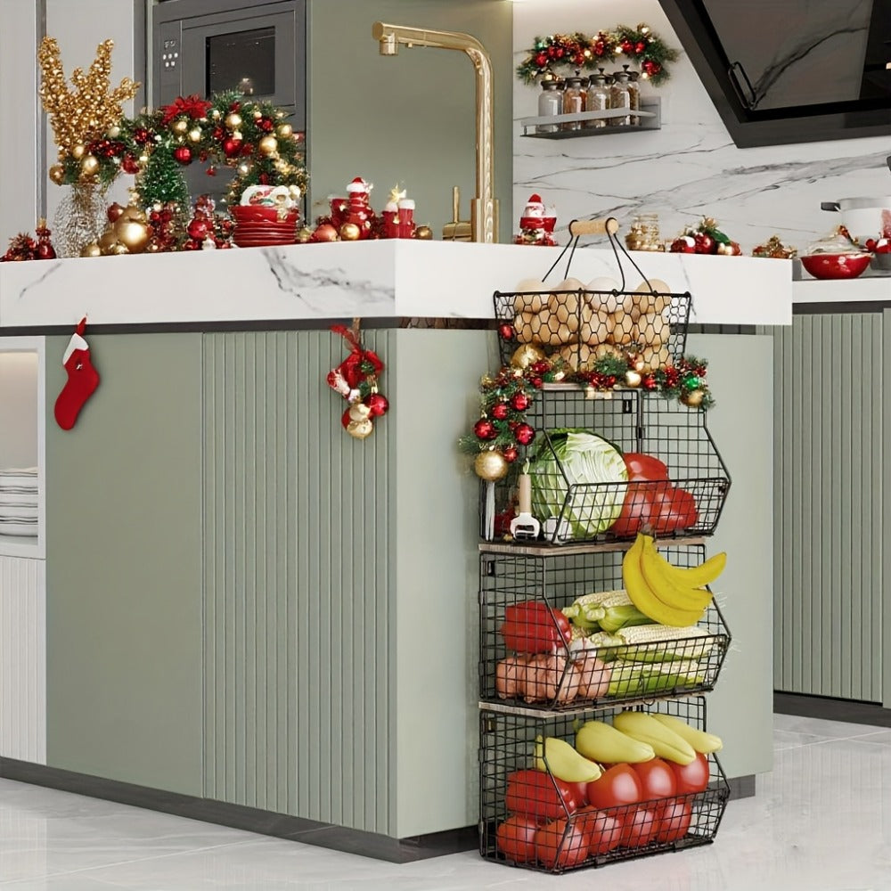 Stackable Metal Wire Fruit Basket with Lid – 1 or 2-Tier Hanging Kitchen Pantry Storage Bin, Wall-Mounted or Countertop Vegetable Organizer for Potato, Onion & Produce, Black - product image 11