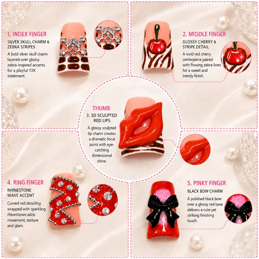 Short Duckbill Press On Nails 3D Red Lips Skull Cherry Bow Rhinestone – Zebra Stripe Polka Dot Sweet Cool Acrylic Nail Art Set for Party, Date Night & Daily Wear, 10pcs S/M/L with  - product image 3