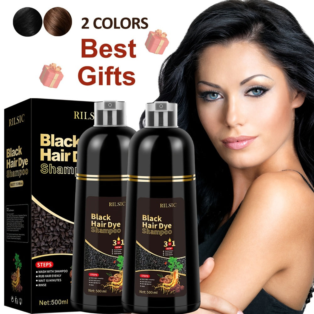 Herbal Hair Dye Shampoo 3-in-1 with Plant Squalene 2pcs 16.91oz — Instant Gray Hair Coverage, Natural Color in Minutes, Brown Dark Brown & Black, Unisex Men & Women - product image