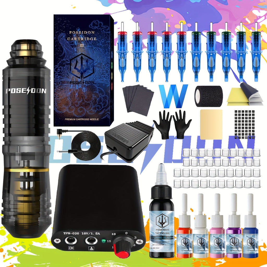 Rotary Tattoo Kit for Beginners Complete - POSEIDON Tattoo Pen Machine with Power Supply Foot Pedal 10 Needles 6 Color Inks Practice Skin Transfer Paper Full Tattoo Supplies for Ar - product image 13