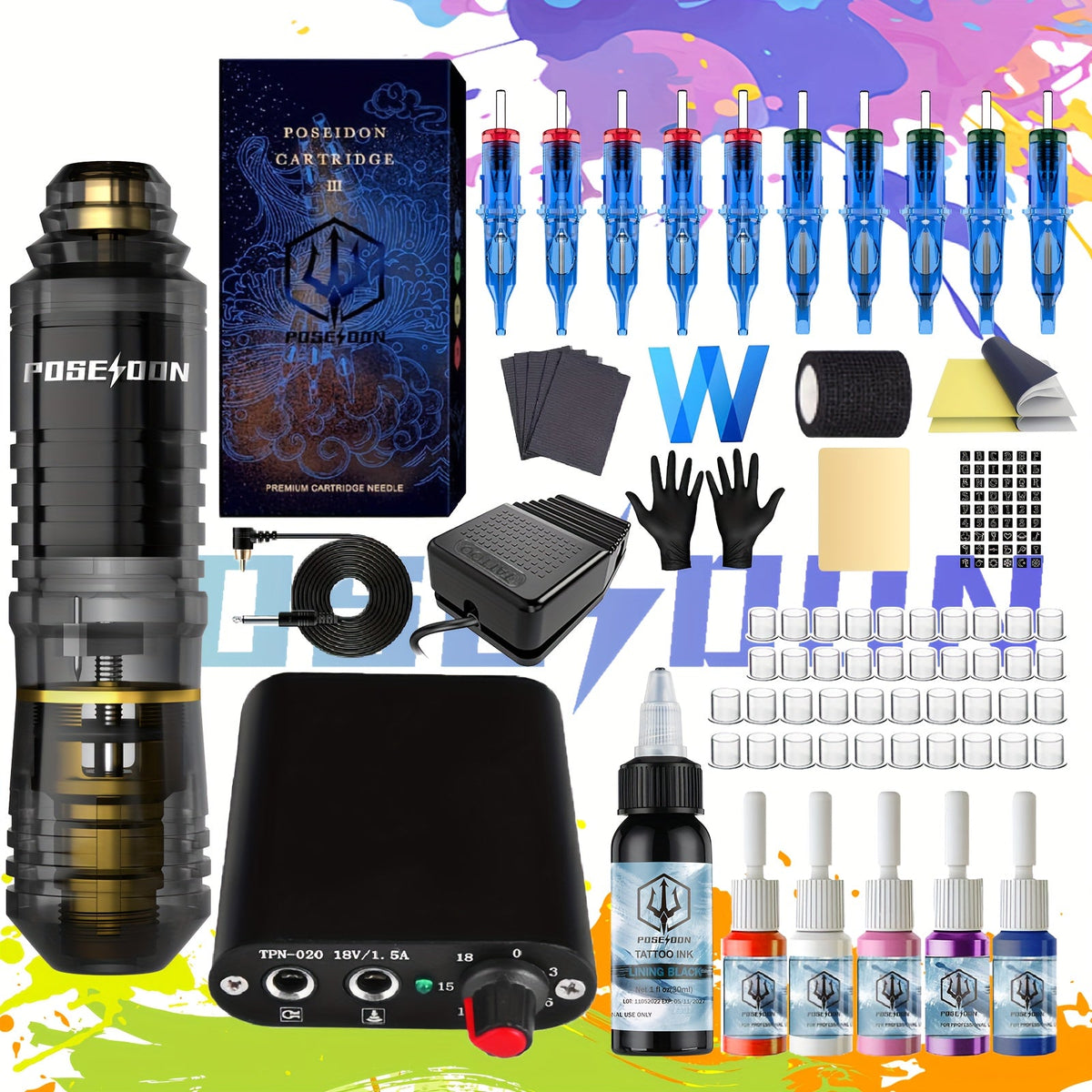 Rotary Tattoo Kit for Beginners Complete - POSEIDON Tattoo Pen Machine with Power Supply Foot Pedal 10 Needles 6 Color Inks Practice Skin Transfer Paper Full Tattoo Supplies for Ar - product image 13