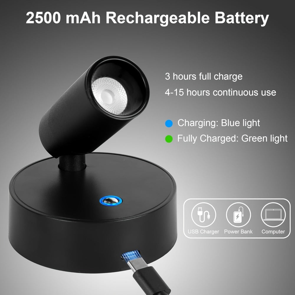 Rechargeable Indoor Spotlight LED – 3-Color Dimmable with Remote & Timer, 350° Adjustable, 2500mAh Battery, Magnetic Base Wall Accent Light for Pictures, Plants & Artwork (White /  - product image 6