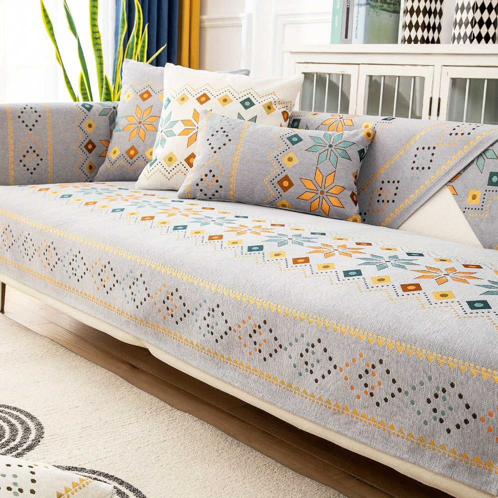 Bohemian Chenille Sofa Cover | Geometric Print Non-Slip Couch Slipcover, Thick Plush Boho Style, 1 to 4 Seat, Armrest & Backrest, Machine Washable, Sectional Sofa Protector - product image 45