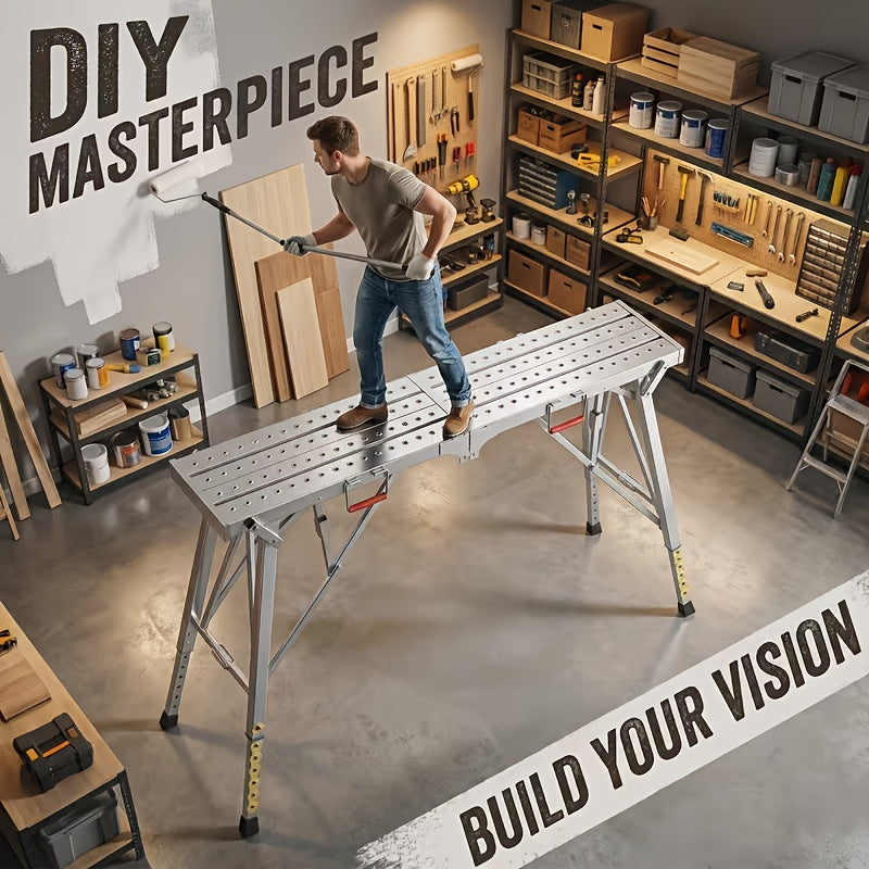 Portable Foldable Workbench with Adjustable Height & Wide Base - Scaffolding Work Platform, Heavy-Duty Foldable, Railing Suitable for Home Renovation, RV - product image