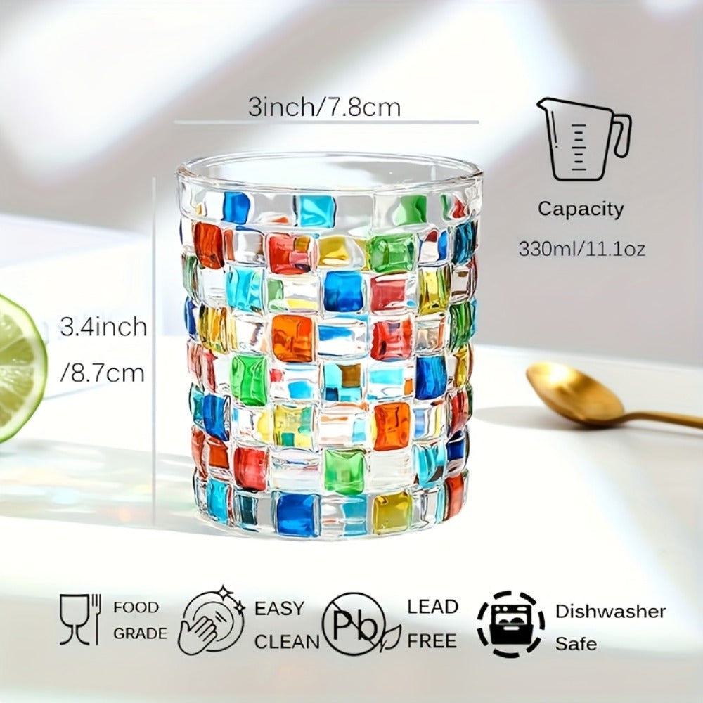 Hand-Painted Drinking Glasses Set – Colorful Square Lattice Woven Handcrafted Glass for Water, Juice, Whiskey & Beer – Artistic Decorative Glassware for Home Bar & Entertaining – 2 - product image 4