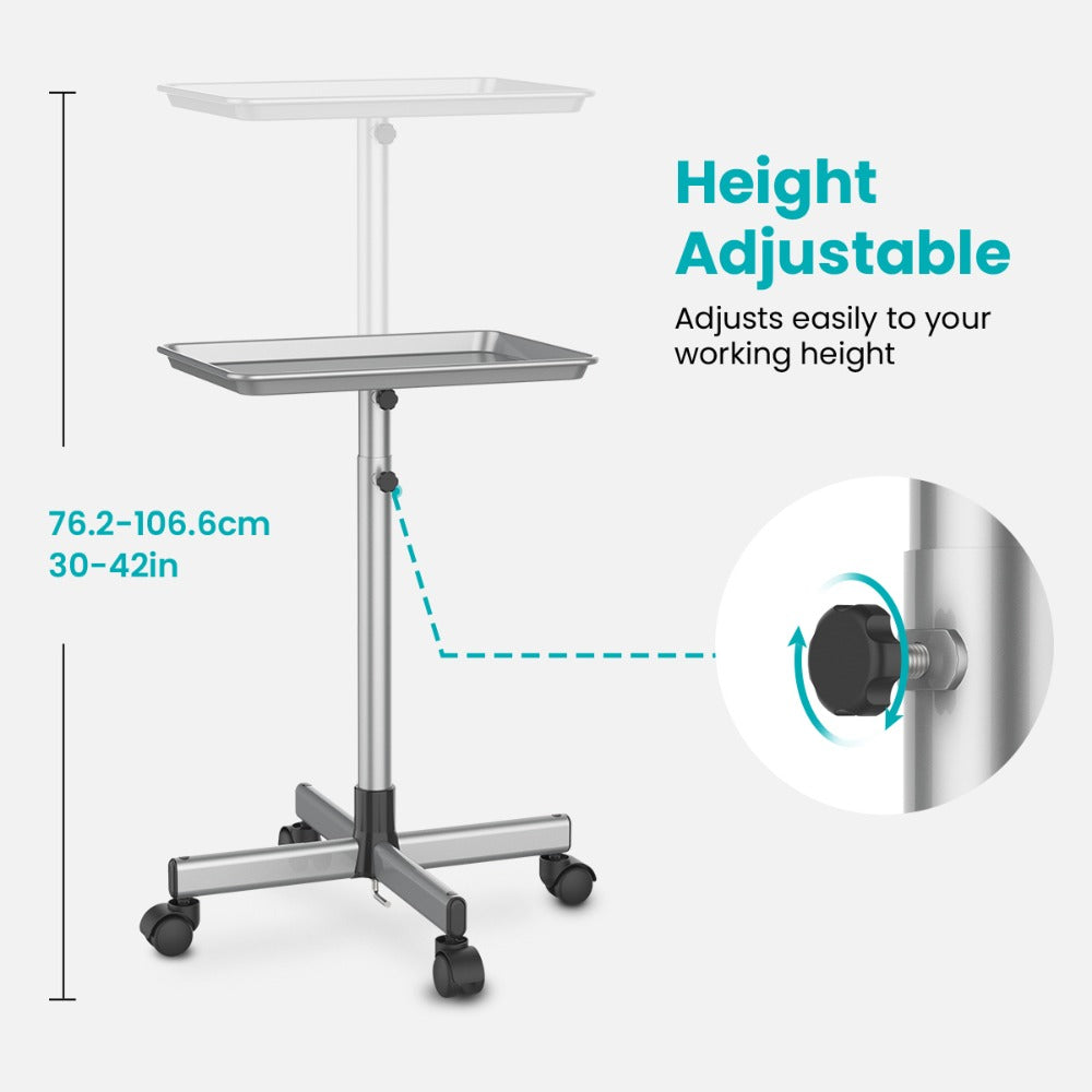 Salon Trolley Cart Height Adjustable 30 to 42 Inch Rolling Tray Table on Wheels Lockable Casters for Hair Stylist Barber Esthetician Nail Salon Spa Beauty Station Silver - product image 7