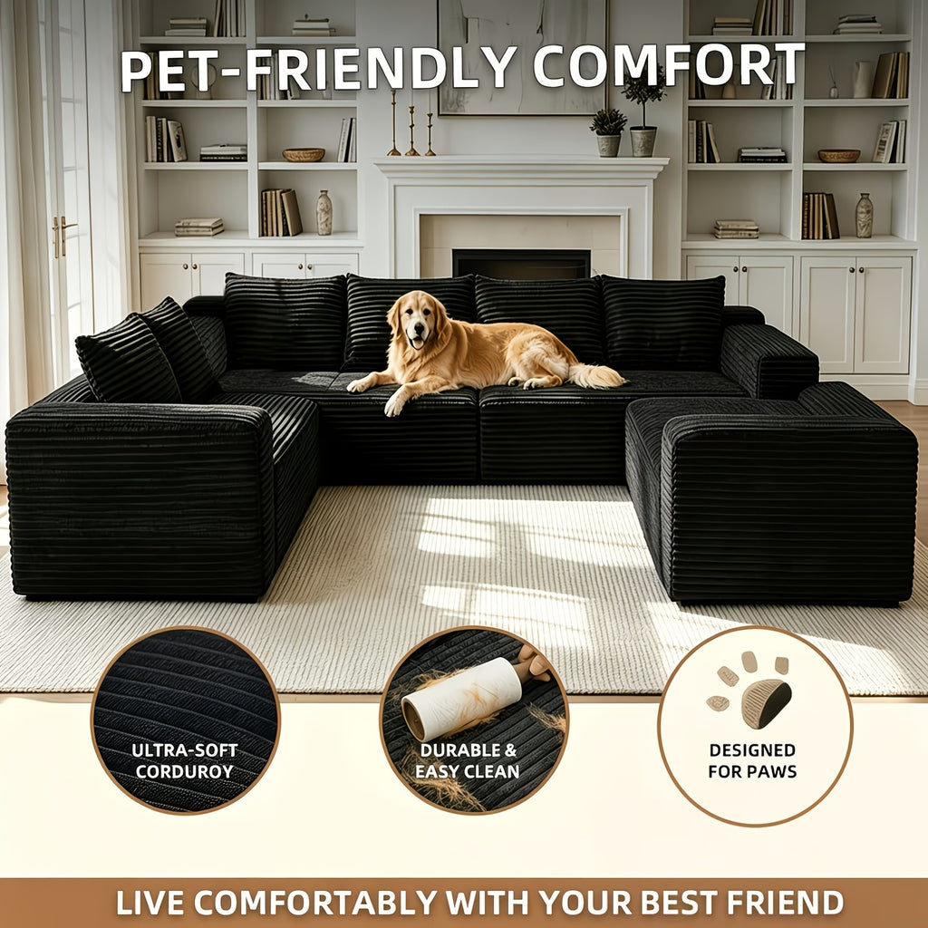 121.2" Oversized U-Shaped Corduroy Cloud Couch, 8-Seater Modular Sectional Sofa with Double Chaise, Boneless Deep Seat Convertible Couch, 4-In-1 Flexible Large Corner Sofa for Living Room, No Assembly