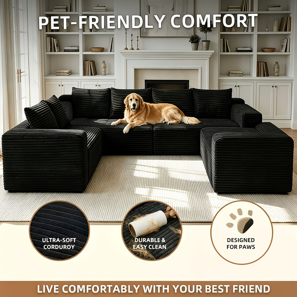 121.2" Oversized U-Shaped Corduroy Cloud Couch, 8-Seater Modular Sectional Sofa with Double Chaise, Boneless Deep Seat Convertible Couch, 4-In-1 Flexible Large Corner Sofa for Living Room, No Assembly