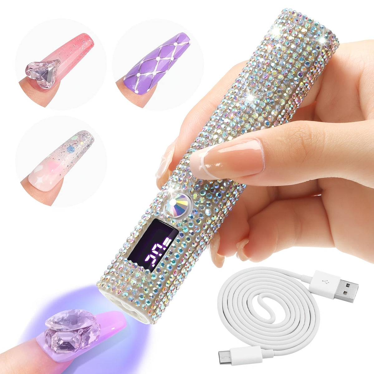 Handheld LED Nail Lamp USB Rechargeable with LCD Display Quick-Dry Gel Polish Curer - Portable Nail Dryer for Fingers & Toes Home Salon Manicure Pedicure, Silvery Diamond Design fo - product image 8