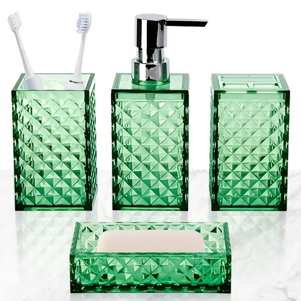 Bathroom Accessories Set 4-Piece Diamond Grid Plastic Organizer Soap Dispenser Toothbrush Holder Grey Blue Green - product image 2